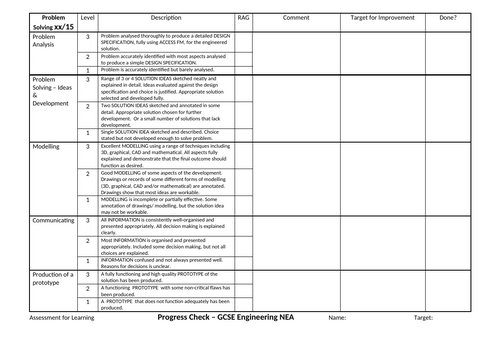 Engineering Non-Exam Assessment AfL sheet