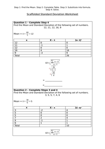 Scaffolded Standard Deviation Worksheet