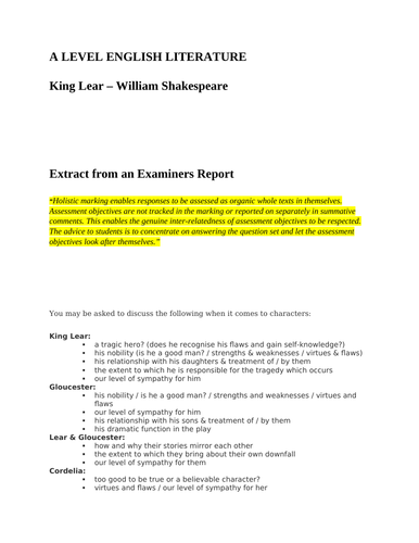 "King Lear" a bank of A Level essay questions; examiners reports; indicative content