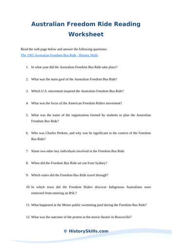 Australian Freedom Ride Reading Worksheet