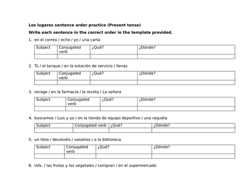 Los lugares sentence order practice (Present tense)