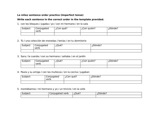 La niñez sentence order practice (Imperfect tense)
