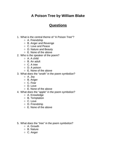 A Poison Tree. 30 multiple-choice questions (Editable) | Teaching Resources