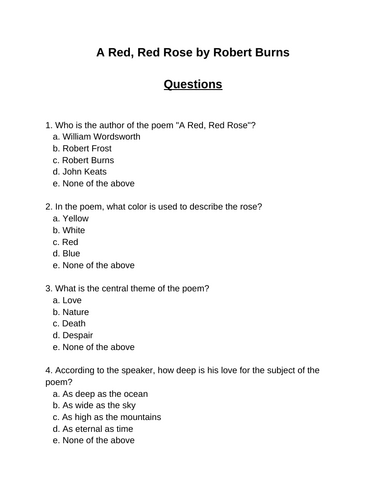 A Red, Red Rose. 30 multiple-choice questions (Editable)