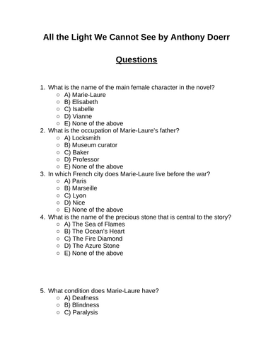 All the Light We Cannot See. 30 multiple-choice questions (Editable)