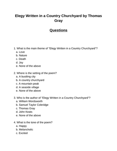 Elegy Written in a Country Churchyard. 30 multiple-choice questions (Editable)