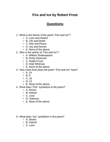 Fire and Ice. 30 multiple-choice questions (Editable)