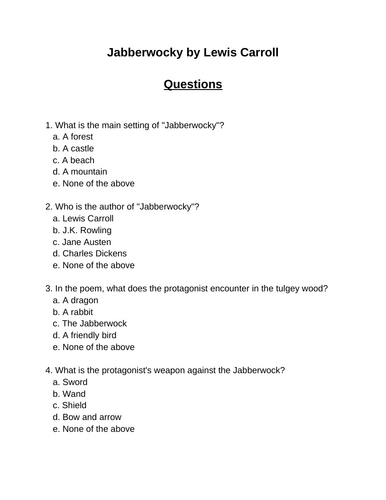 Jabberwocky. 30 multiple-choice questions (Editable)