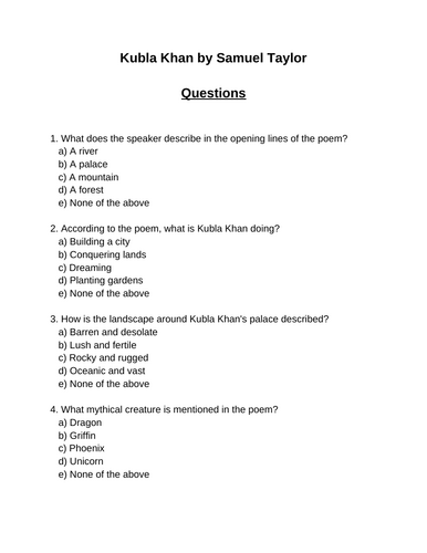 Kubla Khan. 30 multiple-choice questions (Editable)