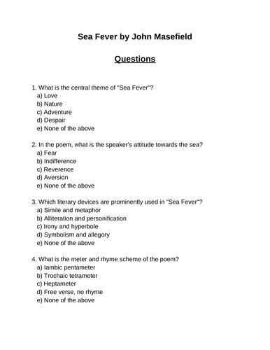 Sea Fever. 30 multiple-choice questions (Editable)