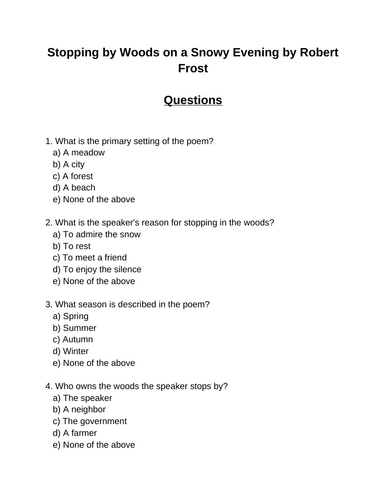Stopping by Woods on a Snowy Evening. 30 multiple-choice questions (Editable)