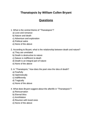 Thanatopsis. 30 multiple-choice questions (Editable)
