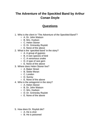 The Adventure of the Speckled Band. 30 multiple-choice questions (Editable)