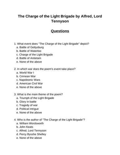 The Charge of the Light Brigade. 30 multiple-choice questions (Editable)