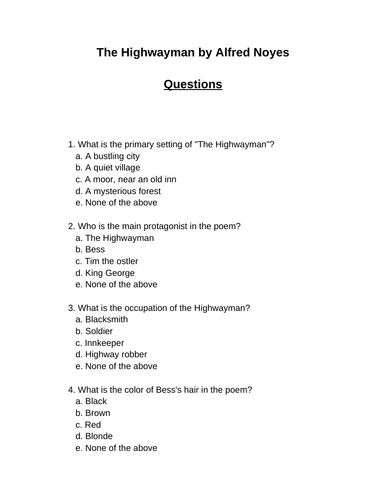 The Highwayman. 30 multiple-choice questions (Editable)