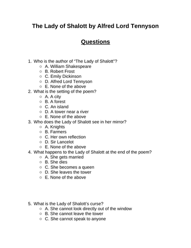 The Lady of Shalott. 30 multiple-choice questions (Editable)