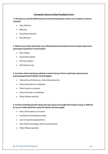 Computer Science Class Feedback Form for Your Students