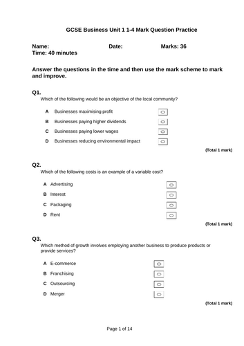 AQA GCSE Business Paper 1 Revision Booklets
