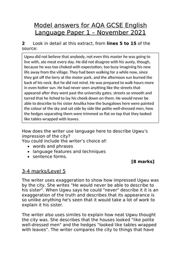 Levels 5,7 and 9 model answers (AQA GCSE English Language Paper 1 November 2021)