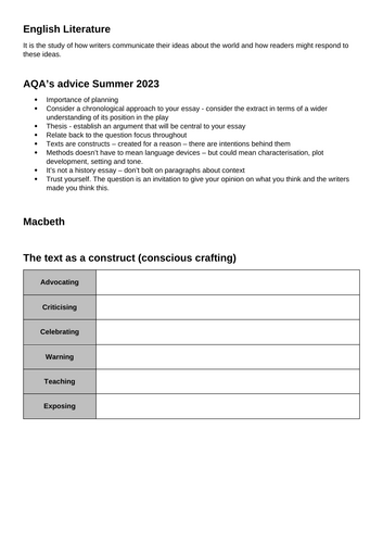 AQA Macbeth 2024 Walking Talking Mock (WTM) with student booklet & teacher power point