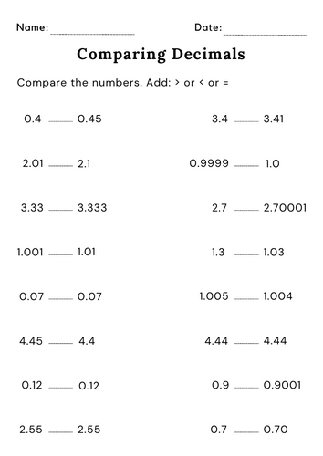 decimals greater than less than worksheets with answers