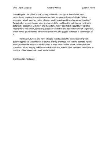 GCSE FULL MARKS SHORT STORY 'QUEEN OF HEARTS' | Teaching Resources