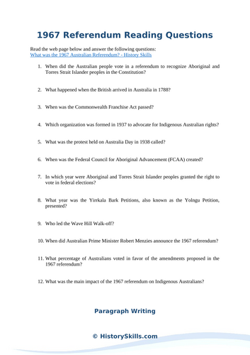 1967 Australian Referendum Reading Questions Worksheet