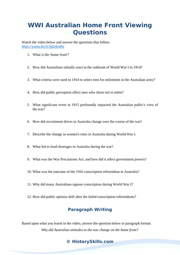 WWI Australian Home Front Viewing Questions Worksheet