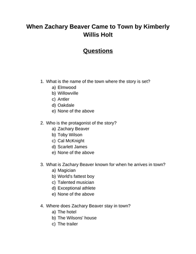 When Zachary Beaver Came to Town. 30 multiple-choice questions (Editable)