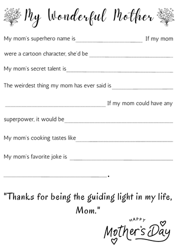 Printable mothers day mother's day fill in the blank fun activity worksheet