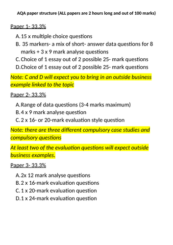 AQA business exam paper structure help sheet