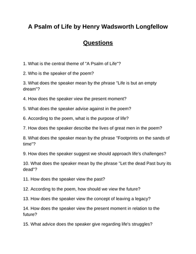A Psalm of Life. 40 Reading Comprehension Questions (Editable)
