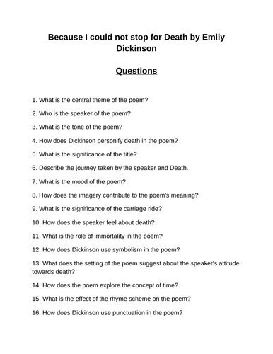 Because I could not stop for Death. 40 Reading Comprehension Questions (Editable)