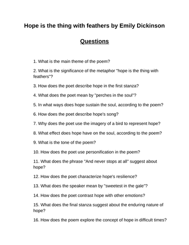 Hope is the thing with feathers. 40 Reading Comprehension Questions (Editable)