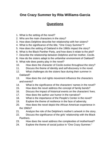 One Crazy Summer. 40 Reading Comprehension Questions (Editable)