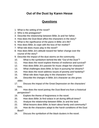 Out of the Dust . 40 Reading Comprehension Questions (Editable)
