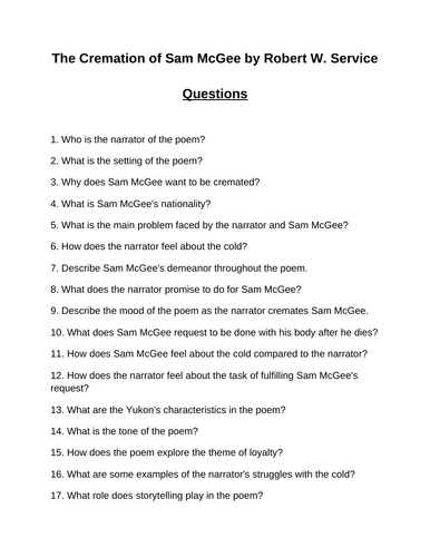 The Cremation of Sam McGee. 40 Reading Comprehension Questions (Editable)
