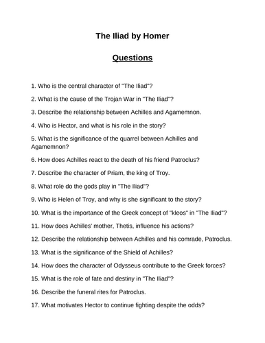 The Iliad. 40 Reading Comprehension Questions (Editable)