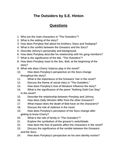 The Outsiders. 40 Reading Comprehension Questions (Editable)