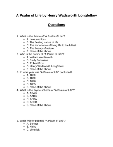 A Psalm of Life. 30 multiple-choice questions (Editable)