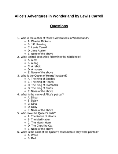 Alice's Adventures in Wonderland. 30 multiple-choice questions (Editable)