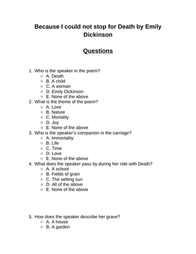 Because I could not stop for Death. 30 multiple-choice questions (Editable)