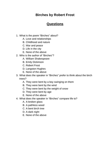 Birches by Robert Frost. 30 multiple-choice questions (Editable)