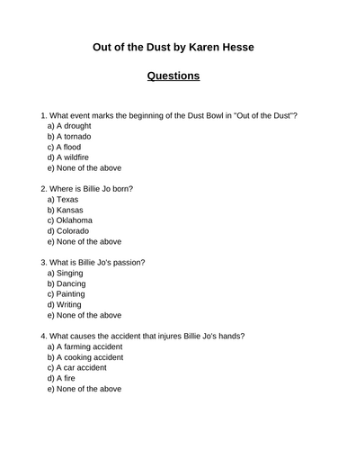 Out of the Dust. 30 multiple-choice questions (Editable)