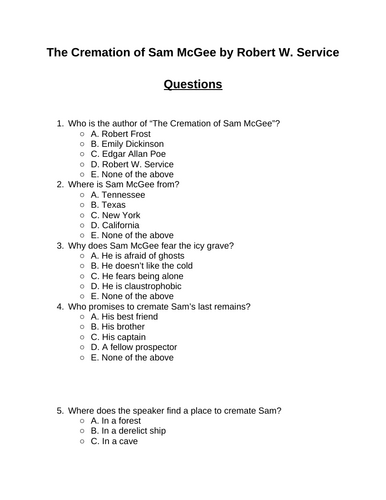 The Cremation of Sam McGee. 30 multiple-choice questions (Editable)