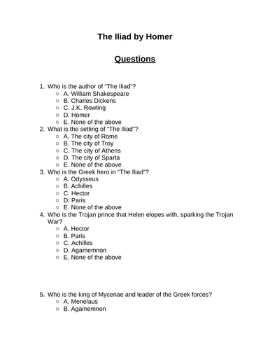 The Iliad by Homer. 30 multiple-choice questions (Editable)