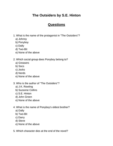 The Outsiders. 30 multiple-choice questions (Editable)