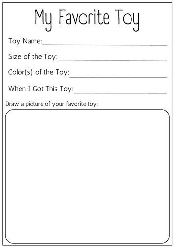Printable my favourite toy writing worksheet for for kindergarten