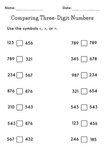 comparing 3 digit numbers worksheets for grade 1 or 2