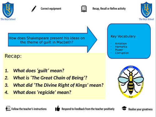 Macbeth AQA GCSE- Two lessons on the theme 'Guilt'- extract and whole play.